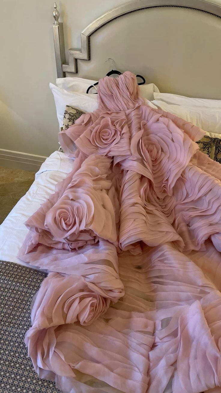 Elegant Pink Strapless Tulle Pleated Floral Long Party Dress Birthday Prom Dress D3911