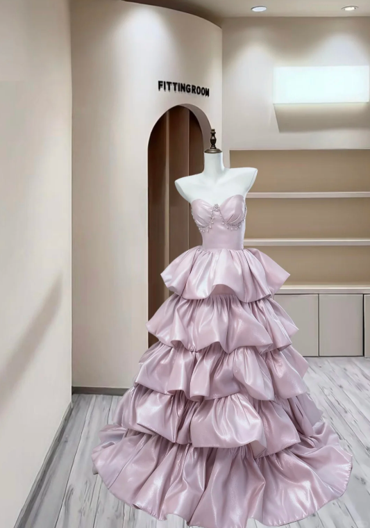 Fairy Strapless Pink Satin Pleated Layered Long Birthday Party Dress Evening Gown D2396
