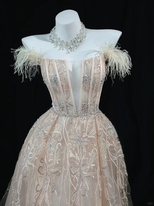 Gorgeous Tulle Embroidery Beaded Ball Gown Off The Shoulder Long Evening Dress Birthday Dress D2513