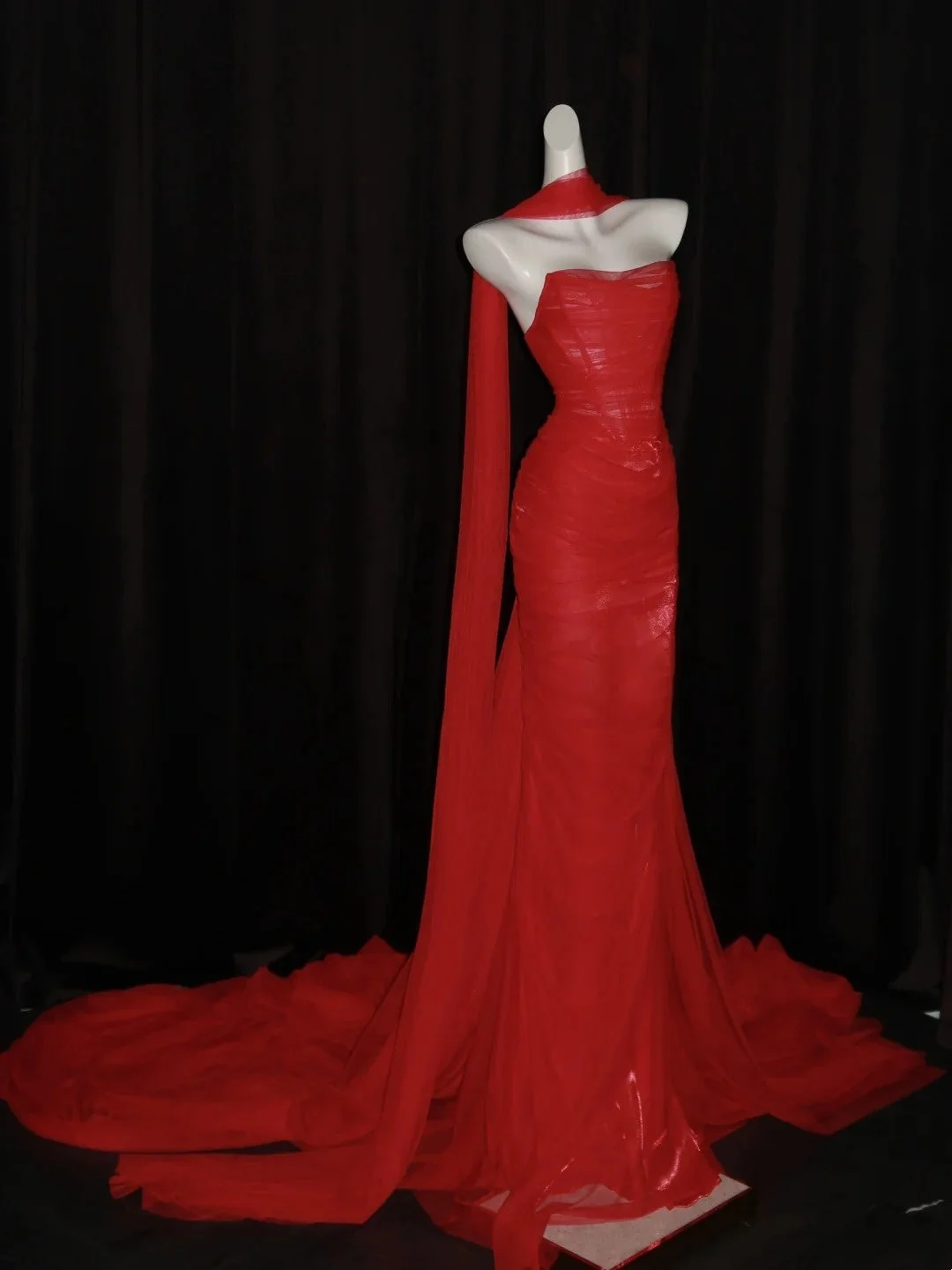 Sexy Red Tulle Pleated Mermaid Long Evening Dress With Scarf,Strapless Long Wedding Guest Dress D4843