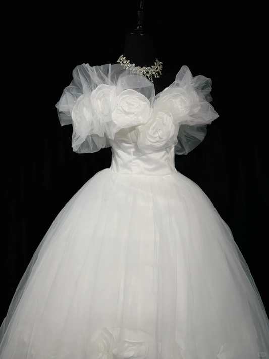 Fairy Ball Gown Off The Sholder 3D Flowers White Tulle Beaded Long Evening Dress Birthday Dress D2507