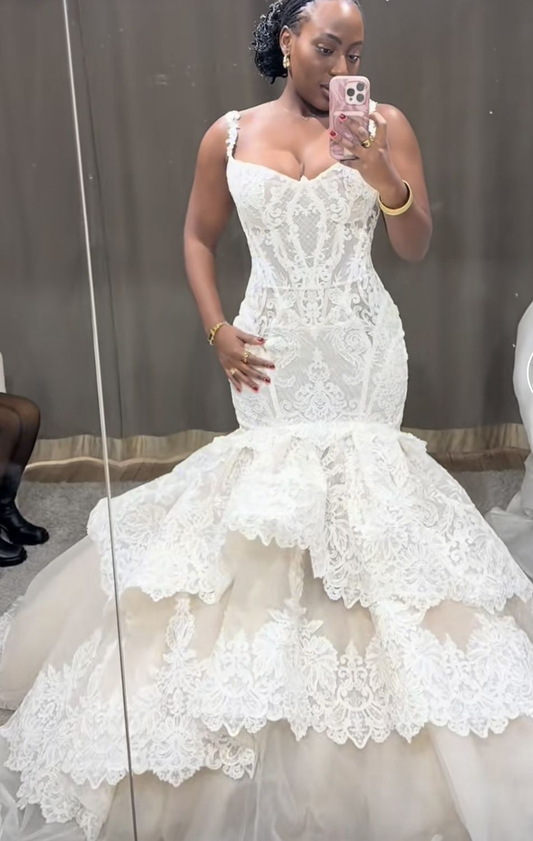 Glamorous White Off The Shoulder Lace Mermaid Long Wedding Dress D5044