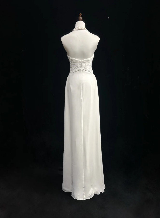 Charming White Halter Chiffon Beaded Long Wedding Guest Dress Formal Birthday Prom Dress Evening Dress D2064