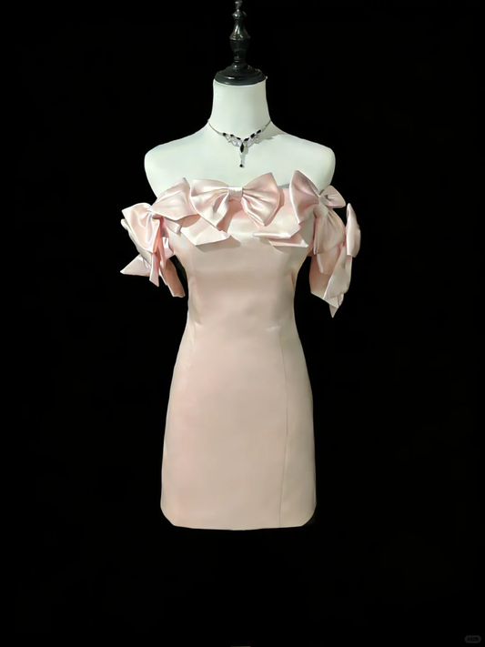 Elegant Bow Off The Shoulder Satin Sheath Short Graduation Homecoming Dress,Pink Short Birthday Dress D2801
