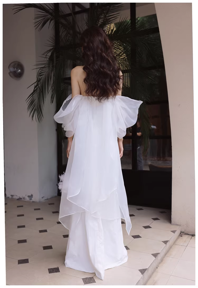 Classy Off The Shoulder White Satin Slit Mermaid Long Party Dress Birthday Evening Dress D2421