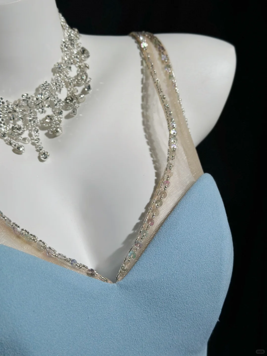 Classy V Neck Blue Satin Beaded Sheath Homecoming Dress Short Party Dress D3243