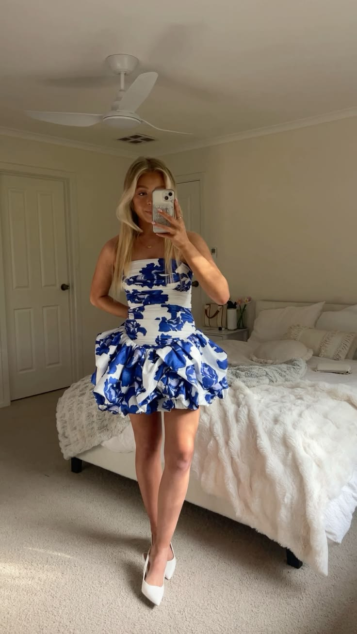 Unique Satin Pleated Print Floral A Line Short 9th Grade Homecoming Dress,Strapless Short Party Dress D3927