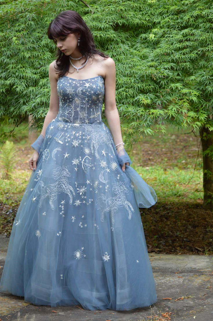 Shiny Strapless Blue Tulle Embroidery Long Party Dress Birthday Prom Dresses D4985