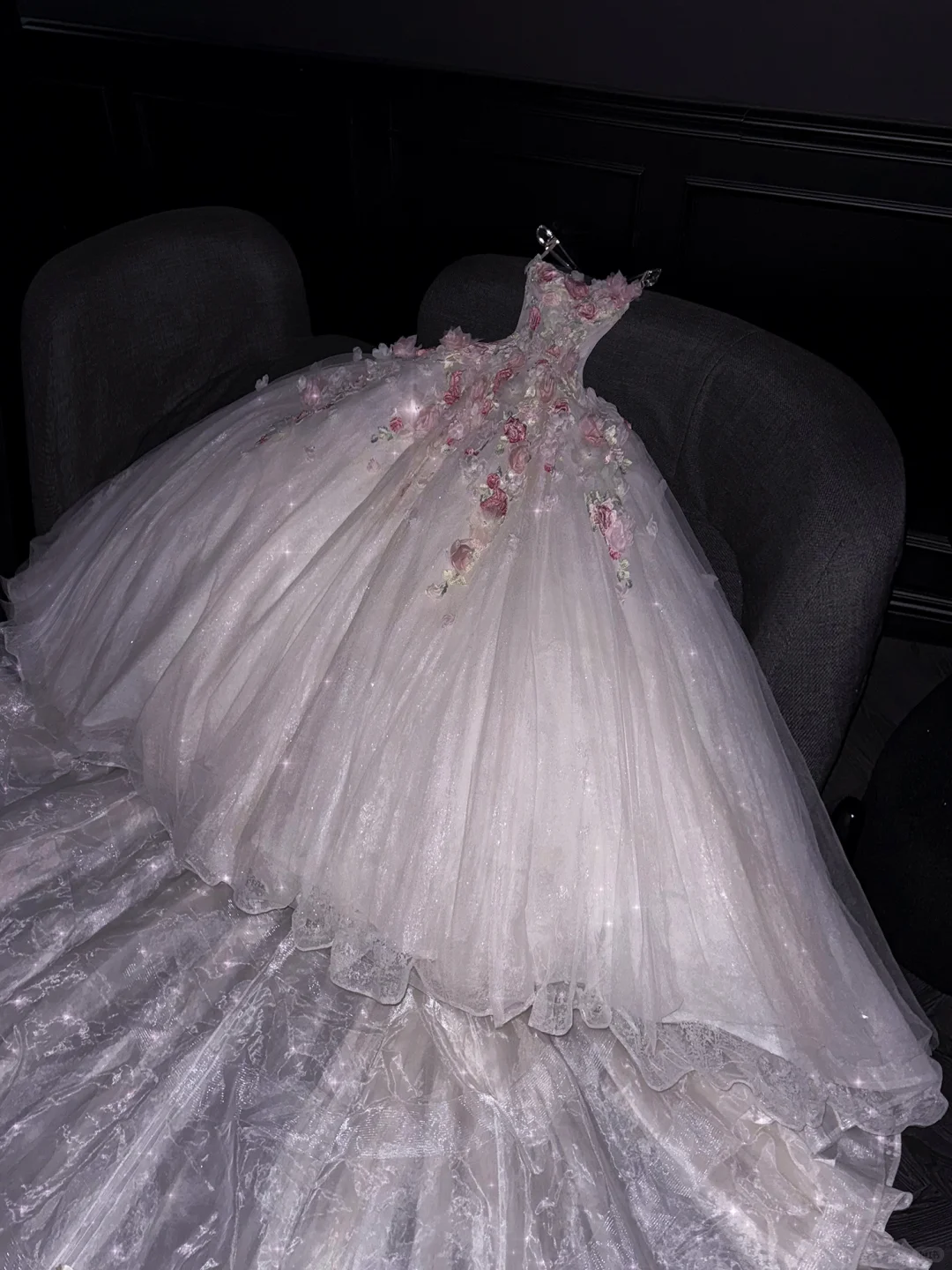 Charming Strapless White Tulle Sequin 3D Floral Long Wedding Dress D3083