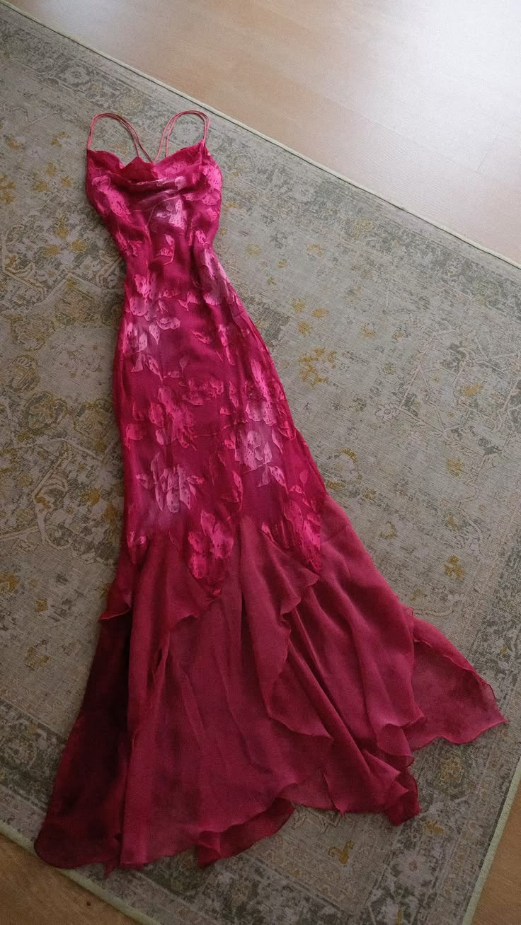 Unique Spaghetti Straps Chiffon Floral Mermaid Long Party Dress Hot Pink Evening Dress D4993