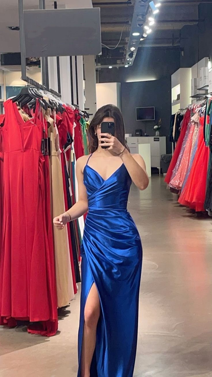 Fashion Spaghetti Straps V Neck Satin Pleated Long Wedding Guest Dress,Blue Slit Party Gown Prom Dress D2866