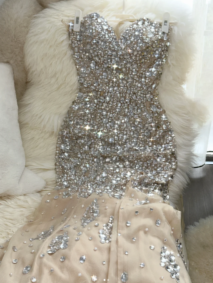 Vintage Strapless Apricot Chiffon Beaded Mermaid Long Party Dress Evening Dress D2076