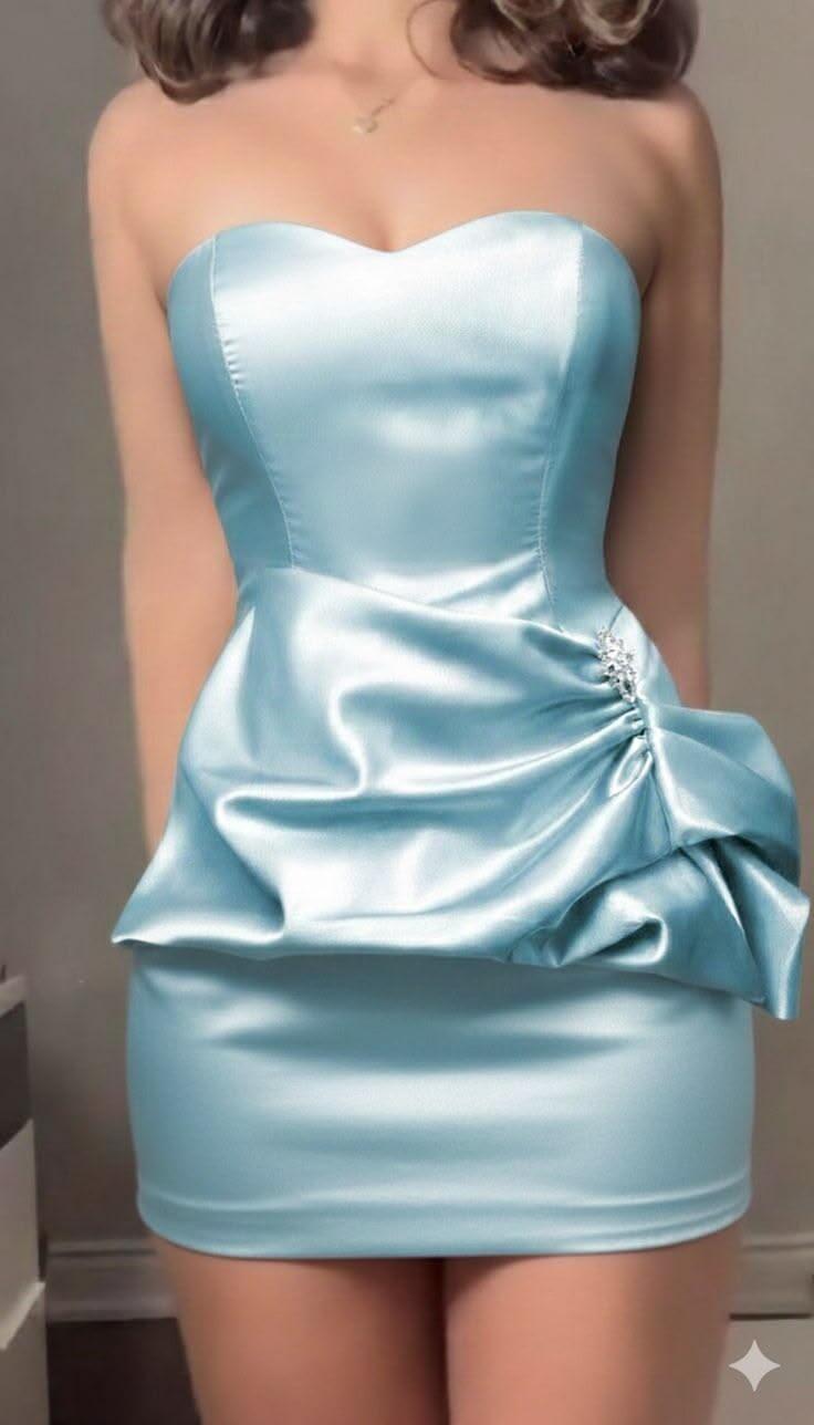 Sexy Blue Strapless Satin Pleated Sheath Short Homecoming Dress Cocktail Dress D3002