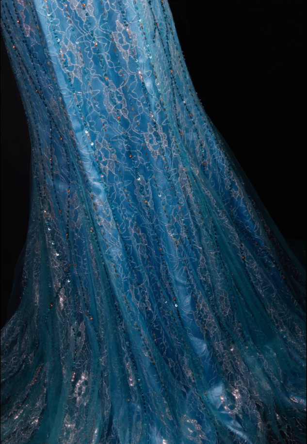 Glamorous Spaghetti Straps Blue Lace Beaded Mermaid Long Evening Dress Party Gown D2244