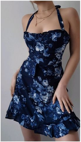 Unique Halter Navy Blue Chiffon Printed Floral Short Graduation Homecoming Dress Cocktail Dress D3223