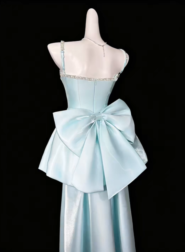 Glamorous Spaghetti Straps Beaded Satin Lace Hem Long Wedding Guest Dress,Blue Long Birthday Party Dress D4169
