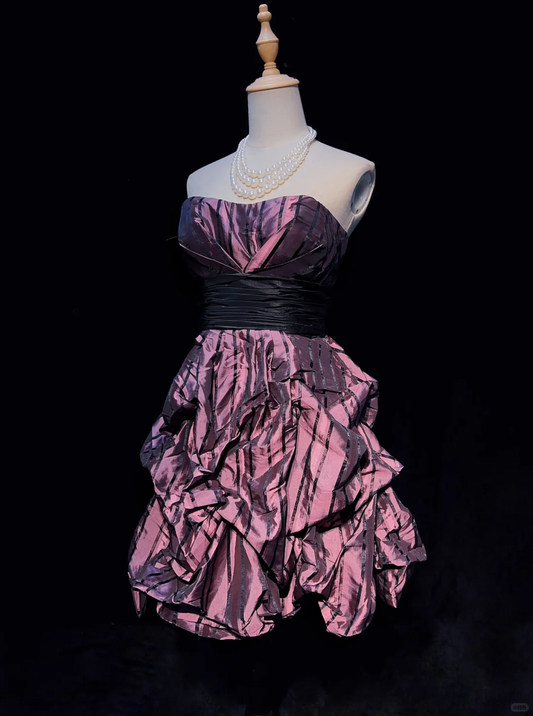 Vintage Purple Satin Pleated A Line Short Graduation Homecoming Dress,Strapless Mini Birthday Dress D3372