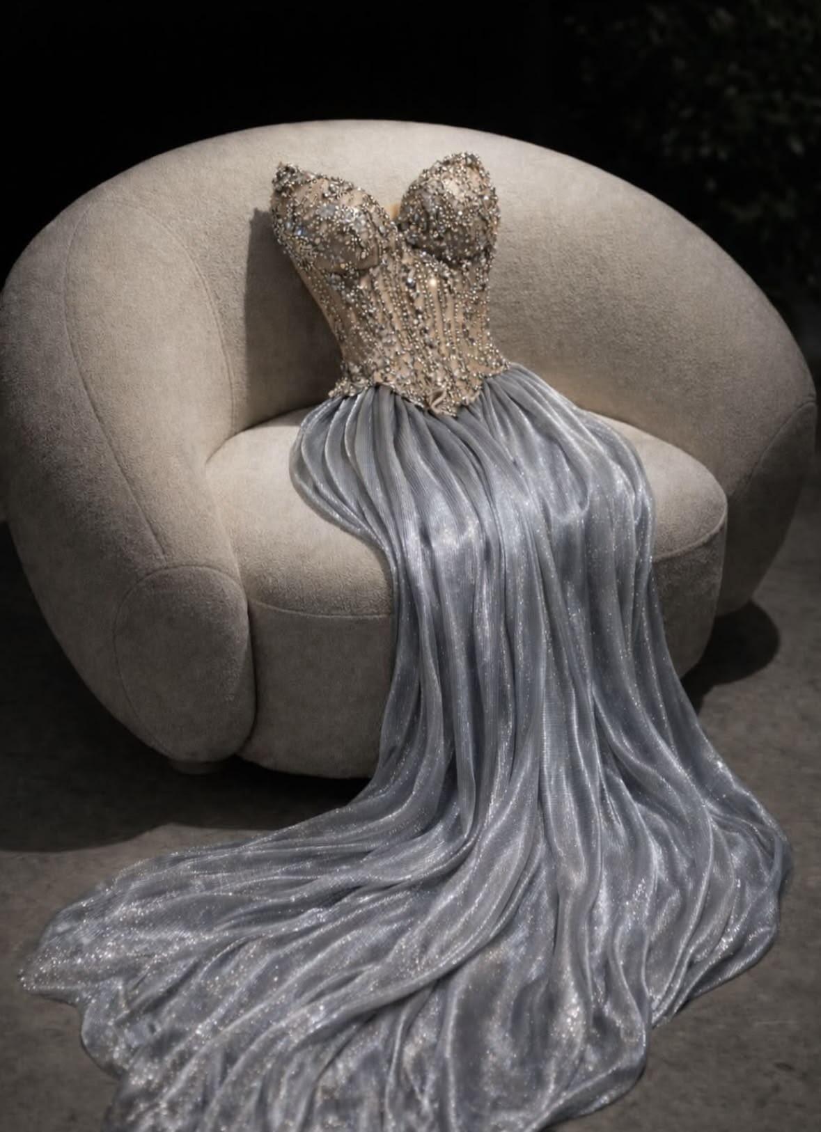 Glamorous Strapless Tulle Sequin Beaded Mermaid Long Party Dress Evening Dress D3941