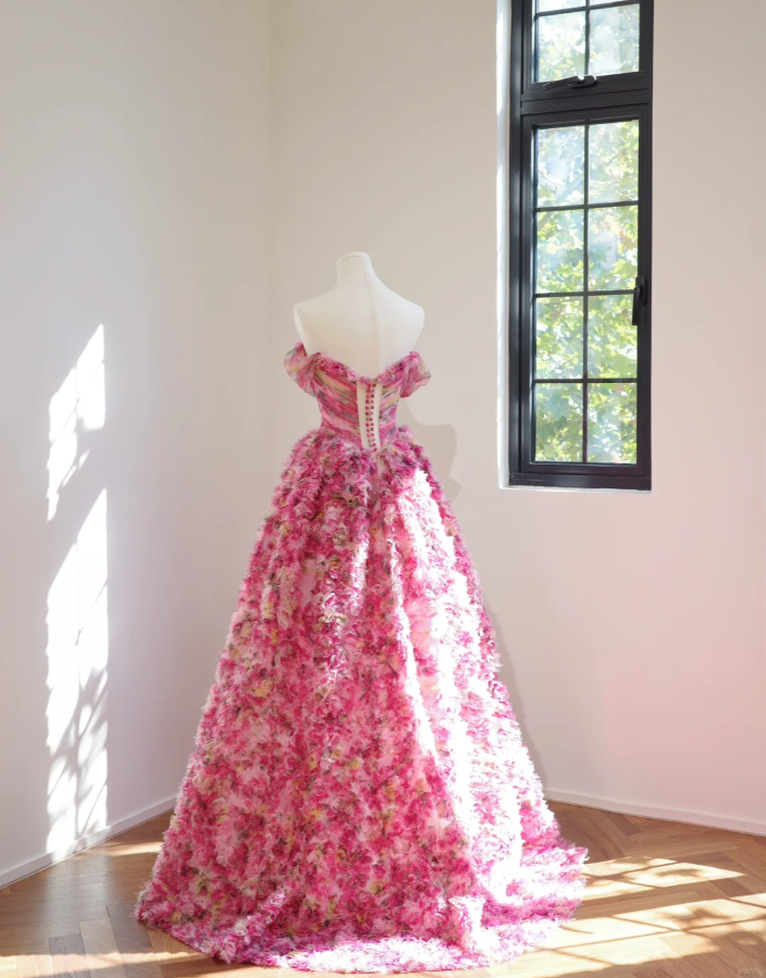 Pretty Hot Pink Off The Shoulder Tulle Pleated Flowers Long Birthday Party Dress Evening Gown D2150