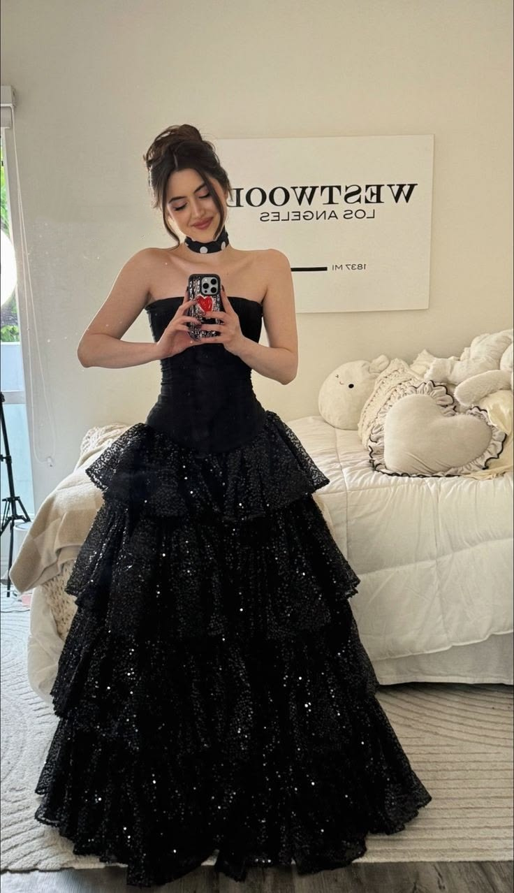 Elegant Strapless Black Tulle Sequin Layered Long Prom Dress Party Dress D5428