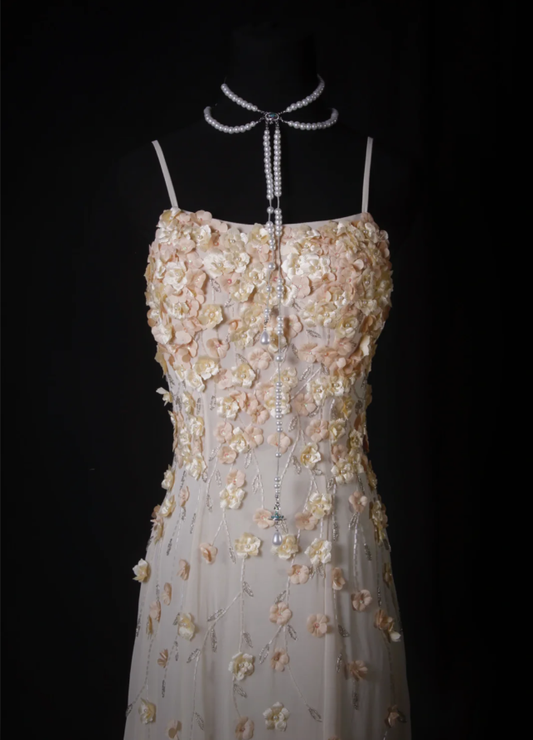 Fairy Spaghetti Straps Chiffon 3D Floral Beaded Mermaid Long Prom Dress Party Gown D2239