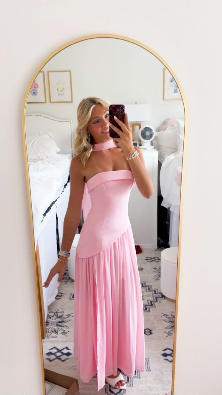 Sweet Pink Satin Chiffon Pleated Slit A Line Long Party Dress Strapless Long Wedding Guest Dress D5029