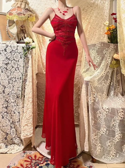 Charming Spaghetti Straps Red Chiffon Beaded Mermaid Long Party Dress Prom Gown D2131