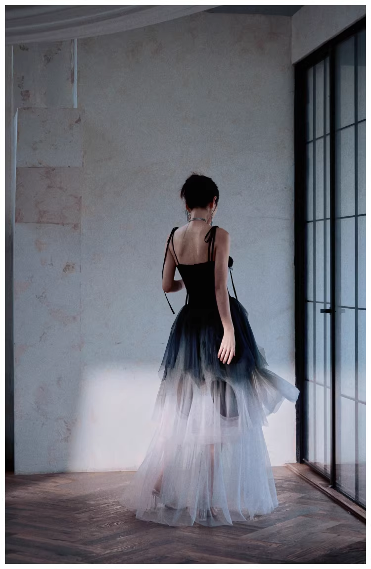 Elegant Spaghetti Straps Ombre Black Tulle Layered A Line Long Party Dress Evening Dress D2416