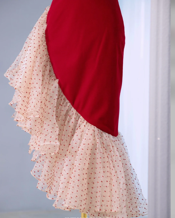 Vintage Red Velvet Ruffle Party Dress Mermaid Birthday Dress S310