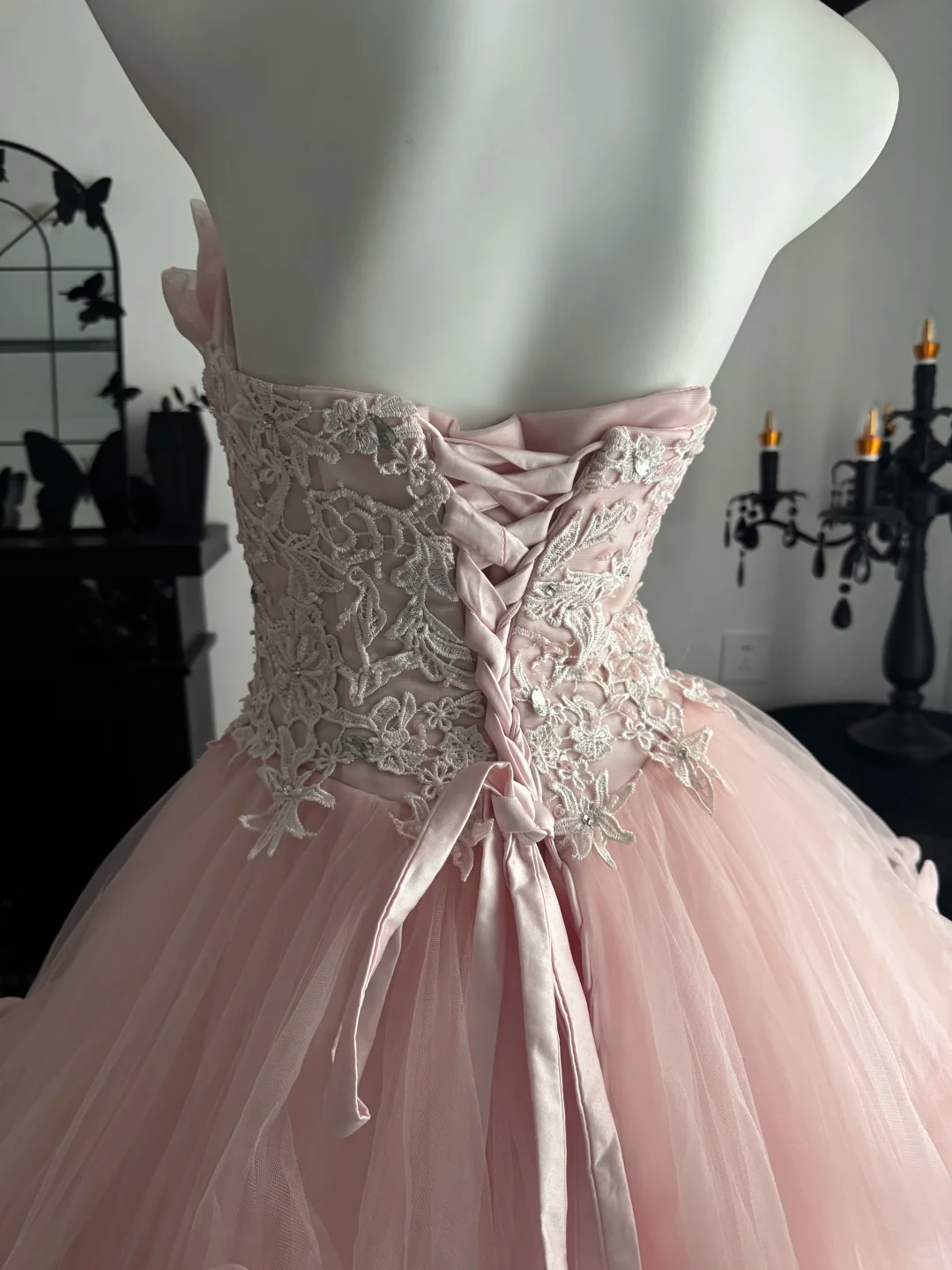 Sweet Pink Ball Gown Strapless Tulle Appliques Birthday Quinceanera Dress D3702