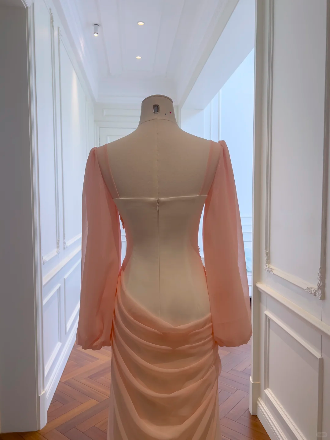 Elegant Pink Chiffon Pleated Beaded Long Evening Dress Birthday Dress D2982