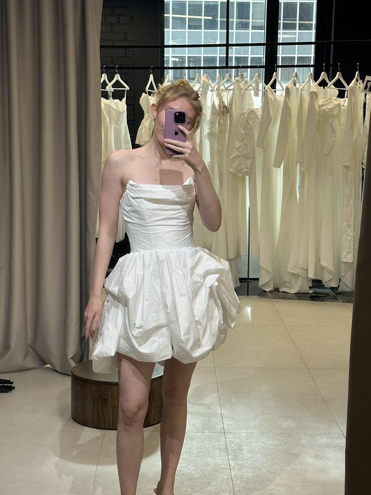 Elegant Strapless White Satin Pleated A Line Short Homecoming Dress Cocktail Dress D4021