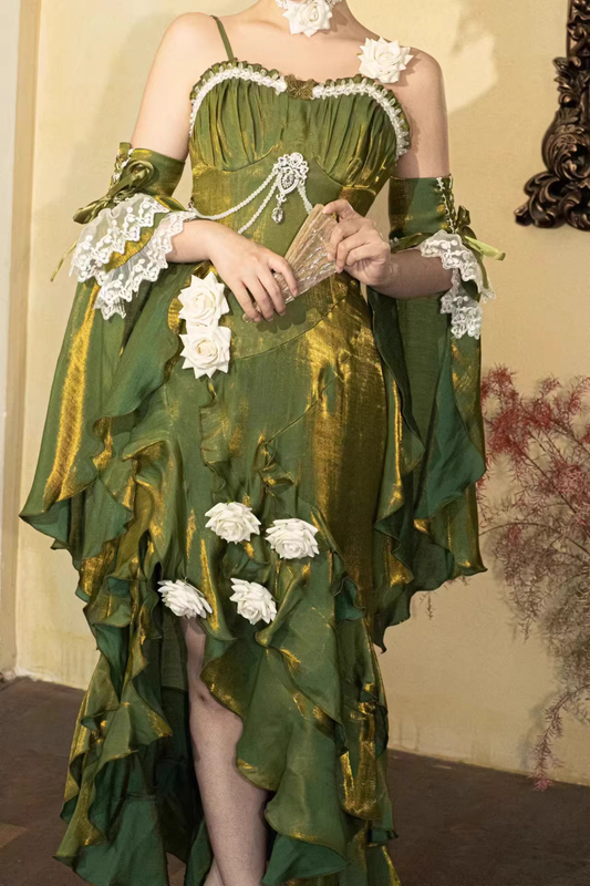 Retro Mermaid Spaghetti Straps High Low Long Party Dress Green Prom Dresses SD2412