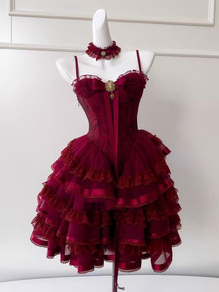 Elegant Spaghetti Straps Tulle Lace Layered Short 8th Grade Homecoming Dress,Burgundy A Line Mini Birthday Dress D3172