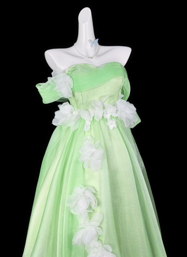 Fairy Off The Shoulder Green Tulle Appliques Long Party Dress Prom Gown D4177