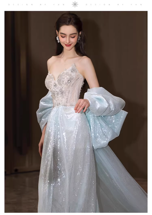 Glamorous Blue Strapless Tulle Sequin Beaded Mermaid Long Evening Dress Prom Dress D2216
