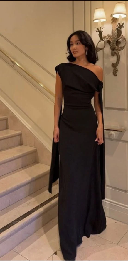 Fashion One Shoulder Satin Long Wedding Guest Dress Black Long Prom Dresses Evening Dress D4873