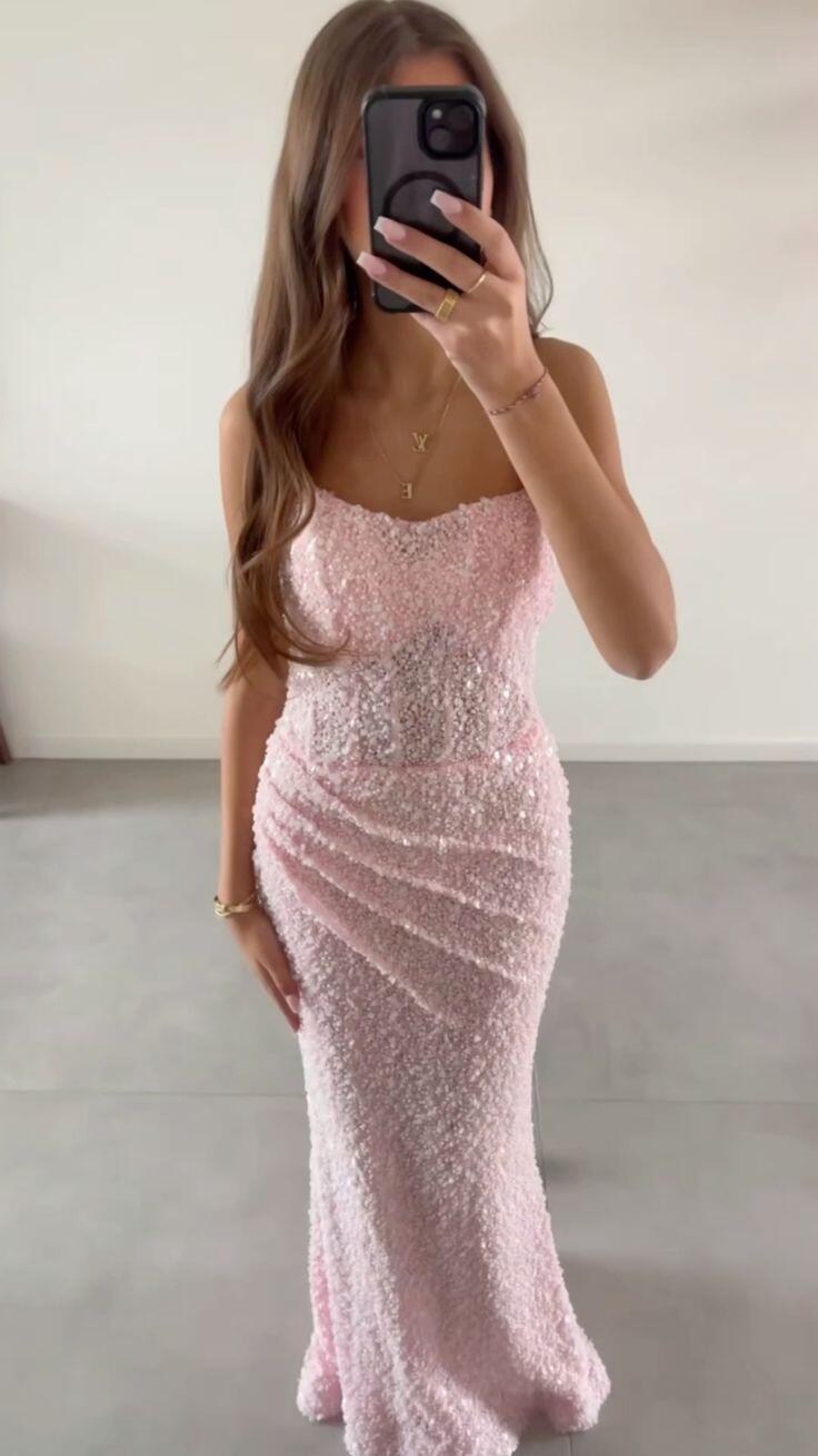 Shiny Pink Sequin Mermaid Long Party Dress Evening Dress D5059