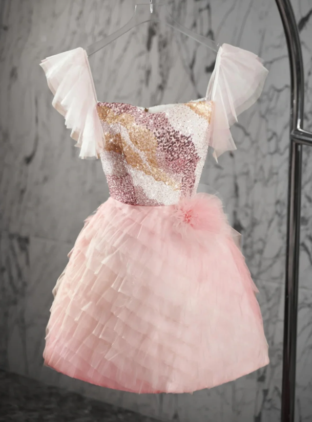 Cute Square Neck Pink Tulle Sequin homecoming Dress Mini Birthday Outfits S365