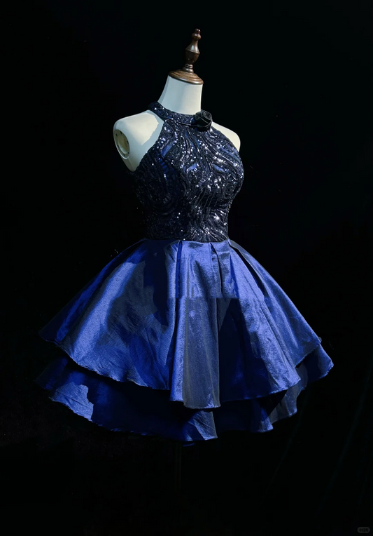 Fashion Halter Navy Blue Satin Sequin A Line Short Homecoming Dress Birthday Outfits D3355