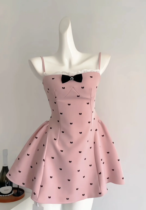 Cute Spaghetti Straps Pink A Line Satin Vacation Dresses Short Birthday Dress S698