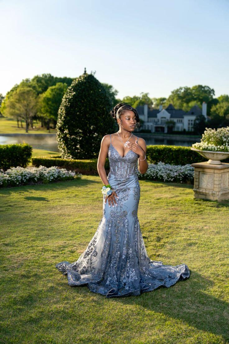 Sexy Spaghetti Straps Tulle Sequin Long Evening Dress Blue Mermaid Long Party Dress D5145