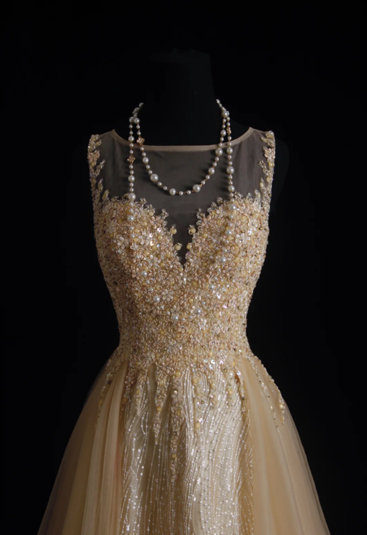 Luxurious Champagne Sleeveless Tulle Beaded Mermaid Long Birthday Party Dress Evening Gown D2213
