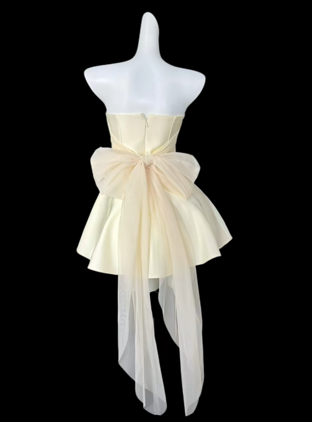 Cute Yellow Strapless Satin A Line Short Homecoming Dress Birthday Dress With Bow D4174