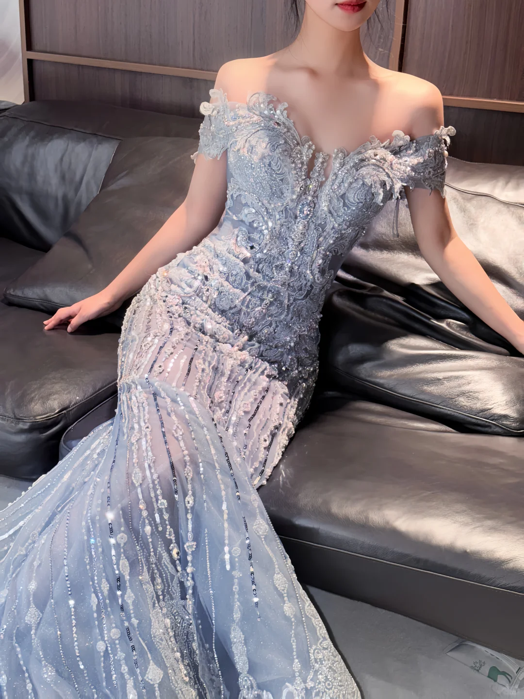 Shiny Off The Shoulder Tulle Applique Beaded Mermaid Long Party Dress Blue Prom Gown D5090