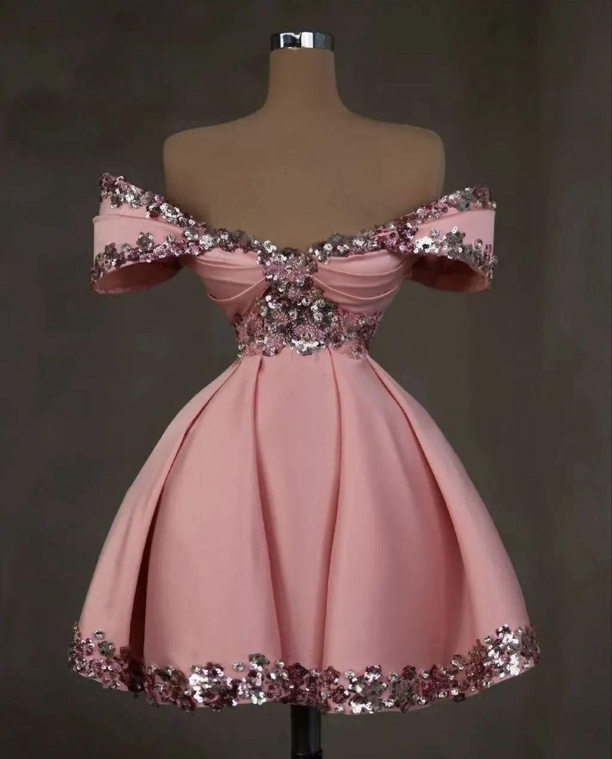 Gorgeous Off The Shoulder Satin Sequin A Line Short Graduation Homecoming Dress,Pink Short Party Dress D4142