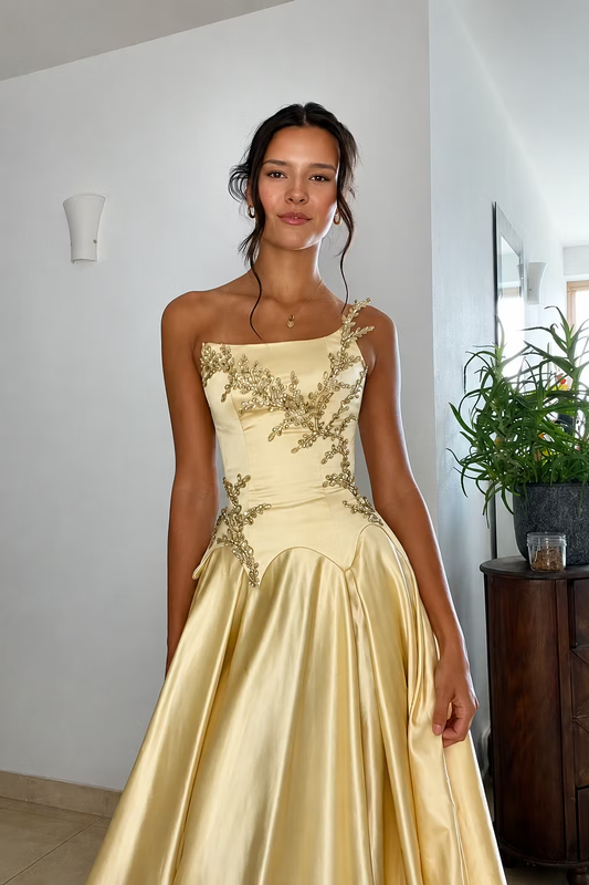 Gorgeous Yellow Satin Beaded Long Party Dress Strapless Long Birthday Prom Dress D4393