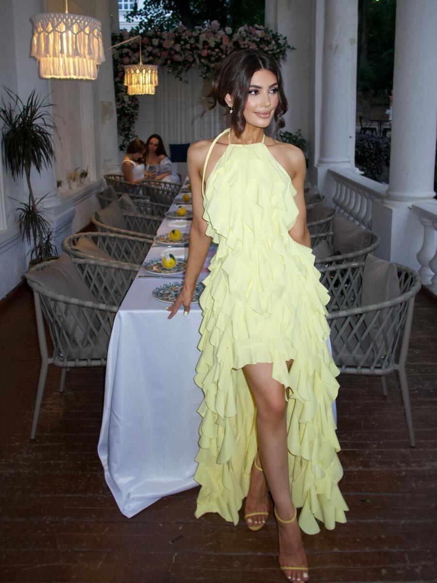 Pretty Halter Yellow Chiffon Ruffled A Line Long Party Dress Prom Dress D5049