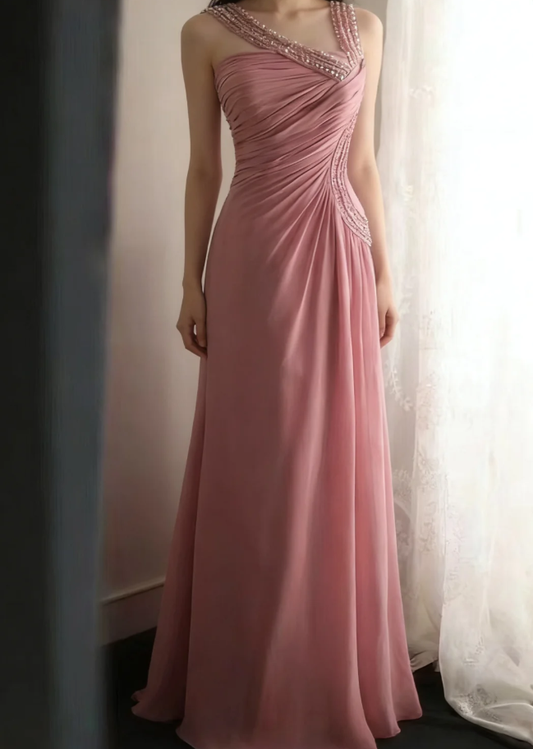 Fairy Pink Chiffon Sequin Beaded Mermaid Long Party Dress Birthday Evening Gown D2206