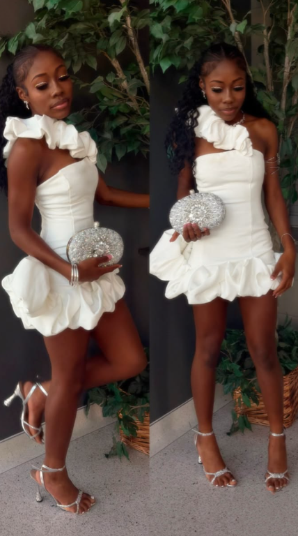 Elegant White Satin Ruched A Line Short 8th Grade Homecoming Dress,One Shoulder Mini Birthday Dress D3682